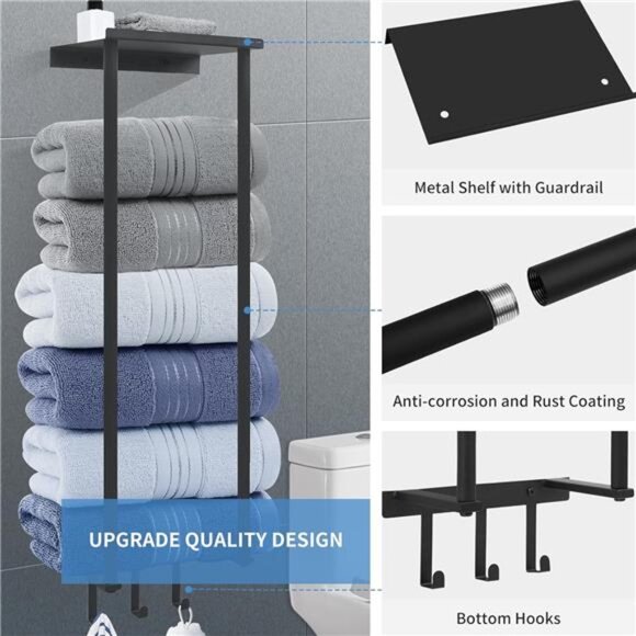 Towel Racks, Vertical Towel Storage with Metal Shelf and 3 Hooks - Picture 3 of 8